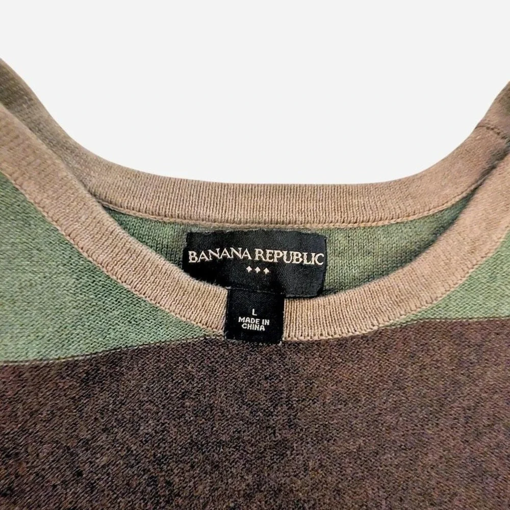 Banana Republic Womens Green Brown Striped 100% Cotton Crewneck Sweater‎ M